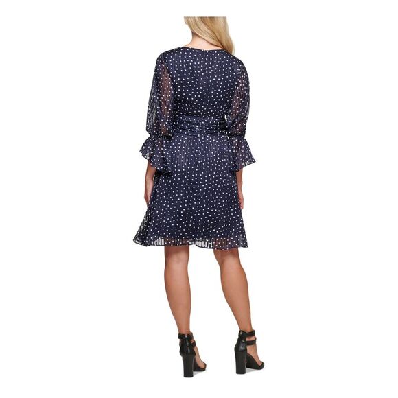 DKNY Womens Navy Ruffled Cinched Waist Polka Dot Balloon Fit + Flare Dress 14 - Picture 2 of 5